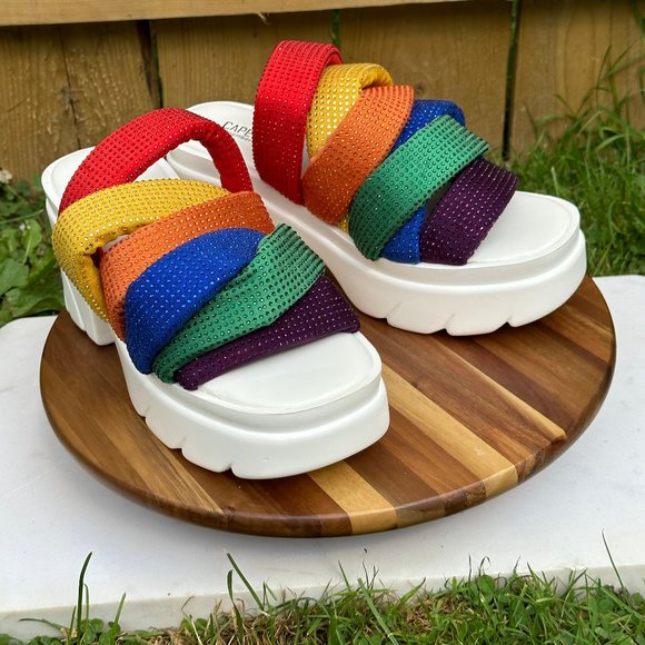 Cape Robbin Multi- Color Spandex Mid Block Heels Rhinestone Trim Sandals - Picture 4 of 10